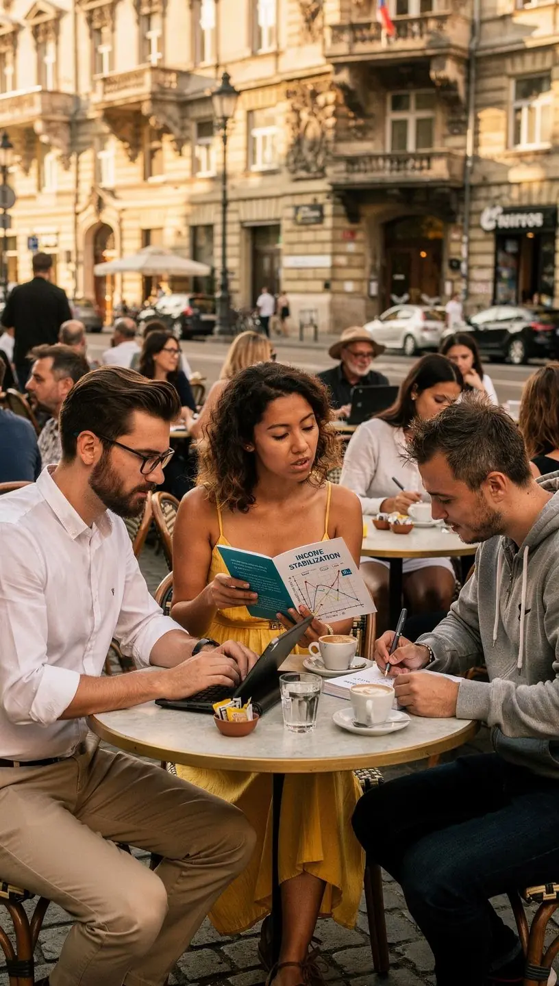Szabadúszó pénzügyi tervező jegyzetekkel és stabil jövedelmi stratégiákat bemutató oktató blog képe.